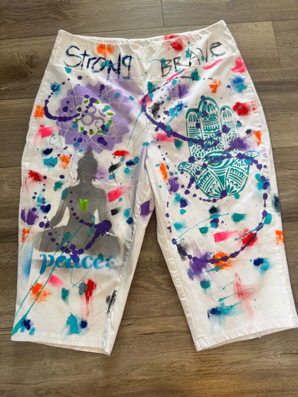 Sz 3X OOAK Hand-Painted Crop Pants White Boho plus size